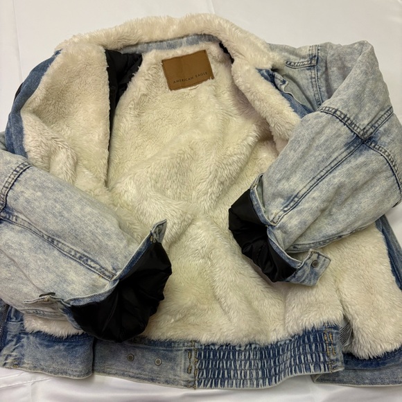 American Eagle MENS XS Sherpa Lined Jean Jacket Ranch Trucker Acid Washed Denim - Picture 5 of 9